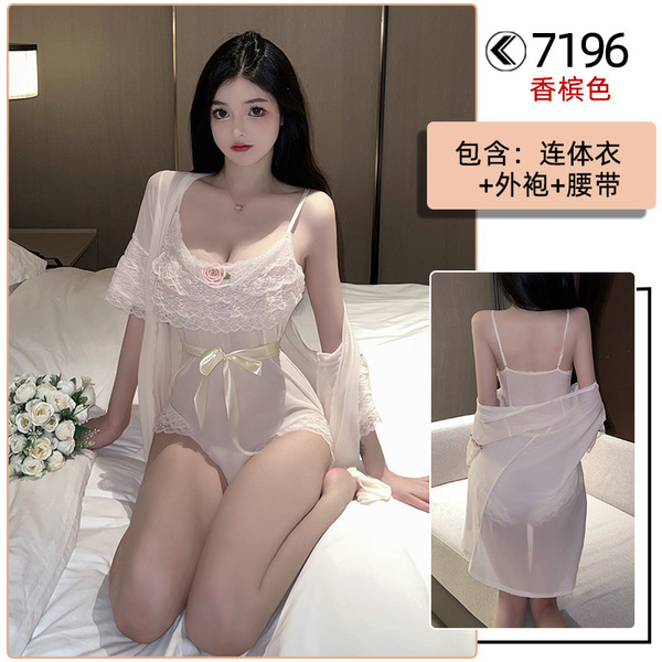 Huanqing Sheer Lace Sexy Bodysuit for Women - Transparent Erotic Open-Crotch Mesh Outfit with Hidden Snap Closure - Champagne-colored [bodysuit + outer robe + belt]