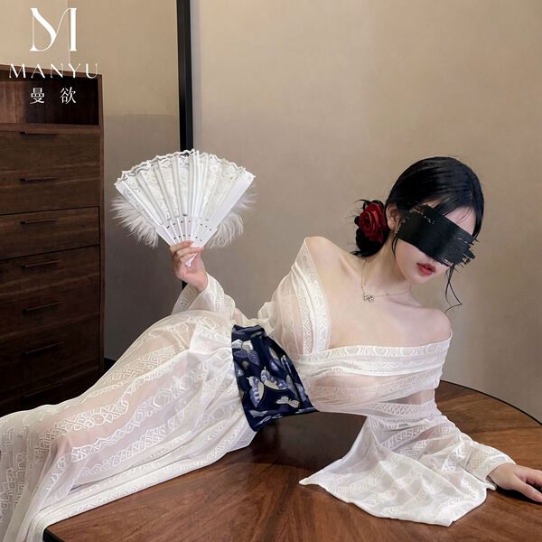 Elegant off-shoulder hanfu robe with train, featuring intricate lace details and feather accents, perfect for traditional chi...