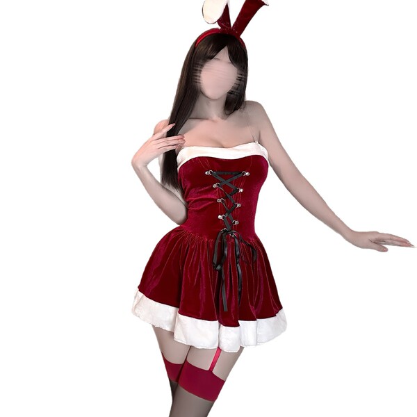 Sexy petite dress with bunny ears, festive corset design, thigh-high stockings combo for holiday-themed womens costume.