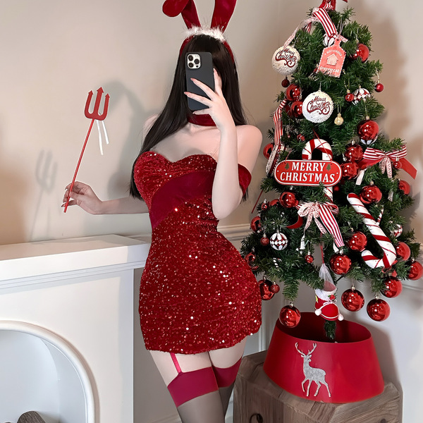 Sexy red sequined dress with bunny ears and devil trident, perfect for christmas and valentines day costumes.