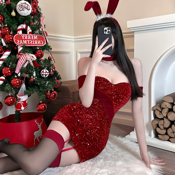 Sexy red sequined dress with bunny ears, perfect for christmas and valentines day costumes. ideal for date night outfits.