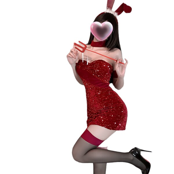 Sexy chao mu lingerie dress featuring glittery red sequins, heart mask, bunny ears, and thigh-high stockings, perfect for val...