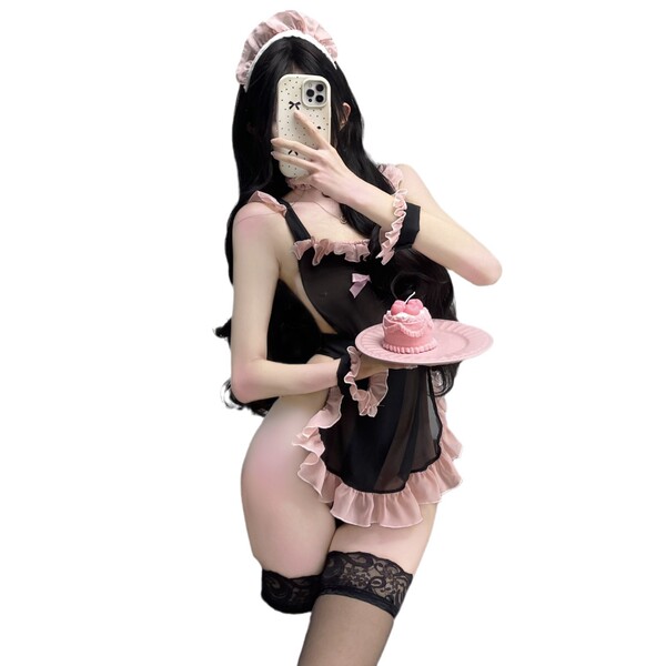 Chao mu lingerie set - seductive maid costume for role play, sexy bedroom outfit with sheer mesh & lace