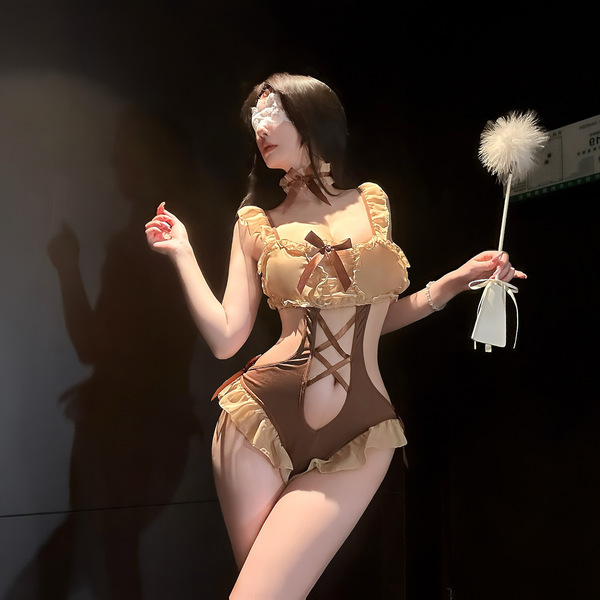 Woman wearing chao mu lingerie set, a sexy backless bodysuit with bow tie and ruffle trim in pure temptation style.