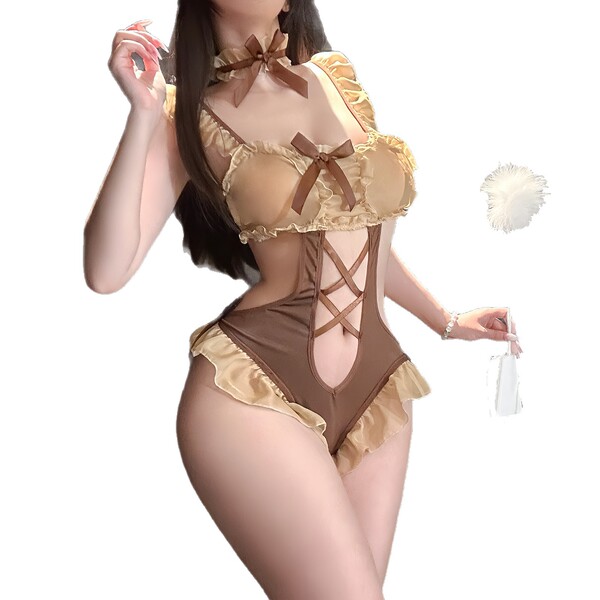 Sexy backless bodysuit with bow tie and ruffle trim, featuring a pure temptation style.