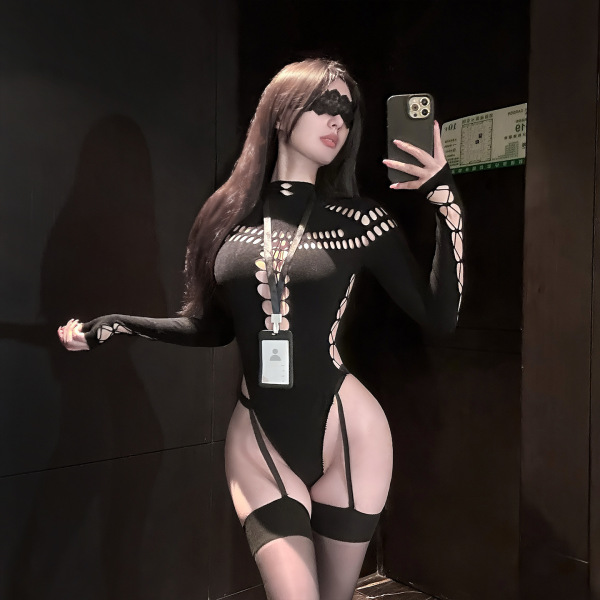 Woman in chao mu qing qu sensual knit mesh bodysuit - pure temptation lingerie, style erotic outfit taking a mirror selfie...
