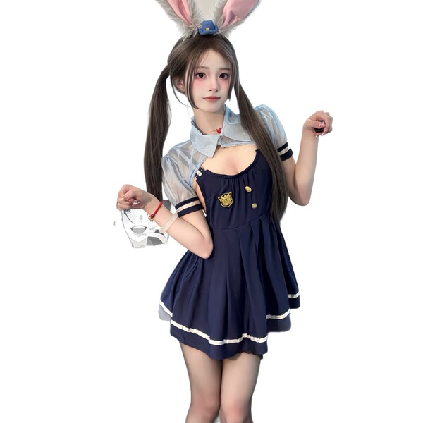 A stylish schoolgirl outfit featuring a navy blue dress with white trim, bunny ears, and playful accessories, perfect for add...
