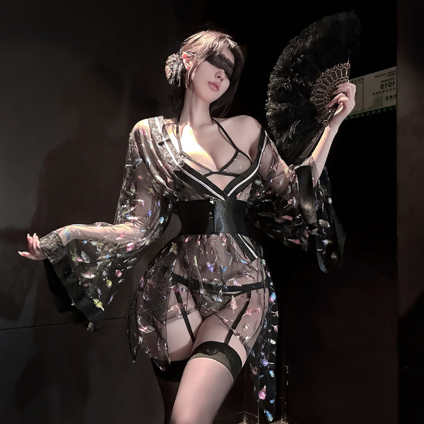 Chao mu sensual japanese-style sheer mesh lingerie set - waist-tie kimono-inspired pure-yuri busty outfit featuring a sheer m...