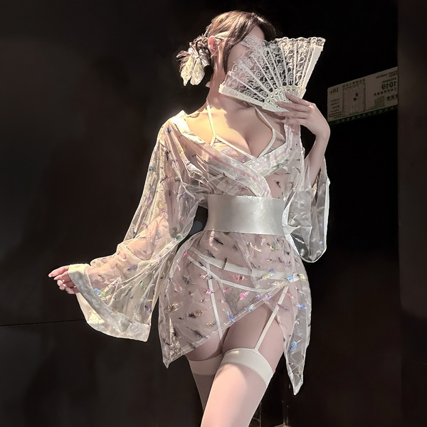 A woman poses in a sheer mesh lingerie set inspired by japanese kimonos, featuring delicate lace fans and thigh-high stocking...