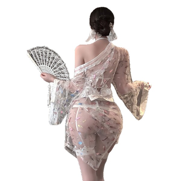 Chao mu sensual japanese-style sheer mesh lingerie set - waist-tie kimono-inspired pure-yuri busty outfit featuring elegant s...