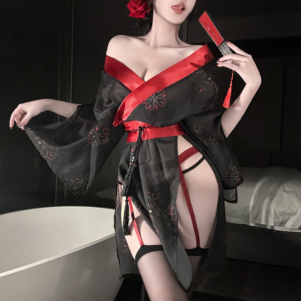 Chao mu sensual kimono-inspired lingerie - sakura-themed sheer sleeve dress with side slit & cut-out details