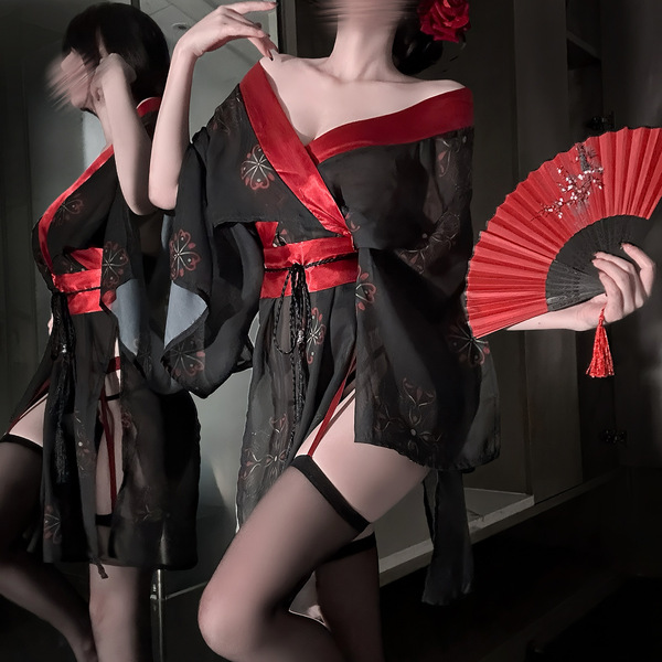 Chao mu sensual kimono-inspired lingerie featuring a sheer sleeve dress with side slit and cut-out details, adorned with red ...