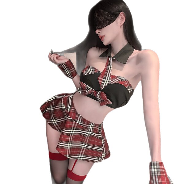 Woman in red plaid chao mu jk-style lingerie set with crop top, mini skirt, thigh highs, and lace blindfold.