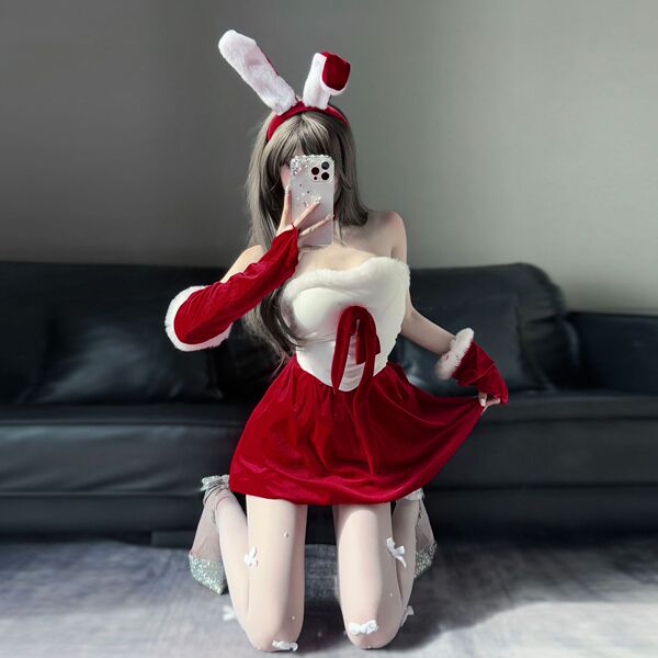 Sexy christmas bunny girl costume set - seductive lingerie outfit with bow, holiday party wear