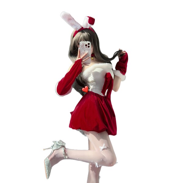 Sexy christmas bunny girl costume set featuring a festive red dress with white accents, bunny ears, and sparkling heels, perf...