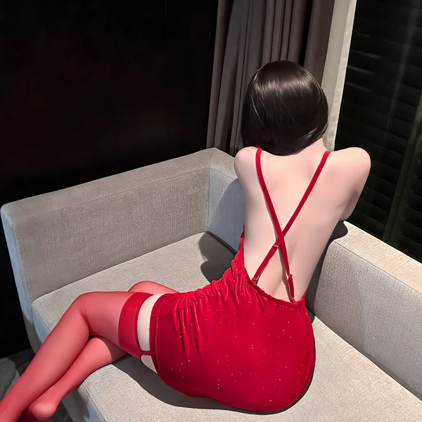 Sexy red bodysuit with backless tie-up design, sparkling rhinestones, perfect for new year celebrations.