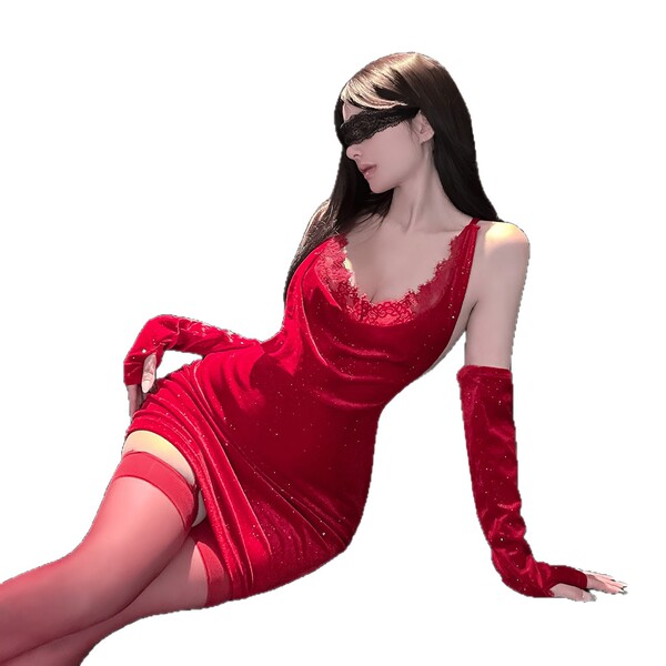 Sexy red lace bodysuit with sparkling rhinestones, backless tie-up design, perfect for womens new year outfits.