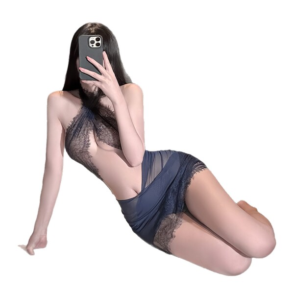 Woman posing in a sheer mesh halter dress with lace details, showcasing the chao mu sexy lace halter bodycon dress.