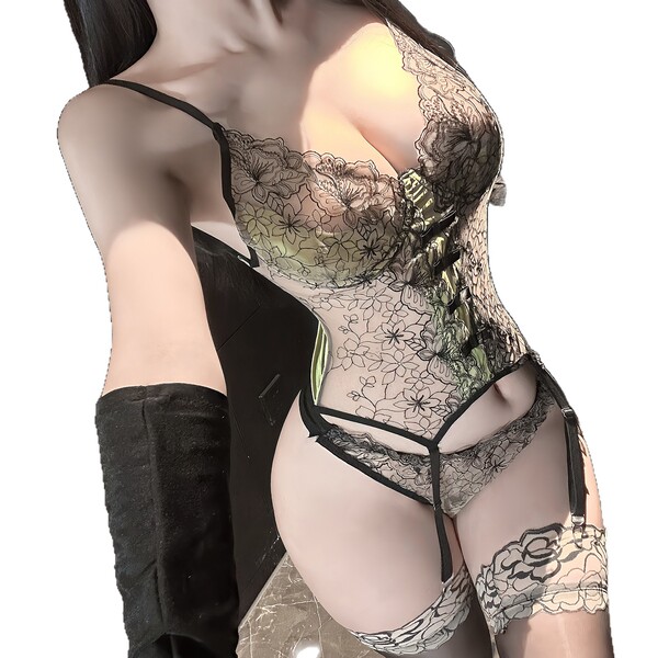 Woman wearing chao mu sexy lingerie bodysuit with embroidered sheer open-cup and open-crotch design.