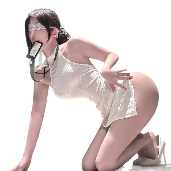 Woman in chao mu sexy secretary costume set with bodycon mini skirt, blindfold, and gag, posing playfully on white background...
