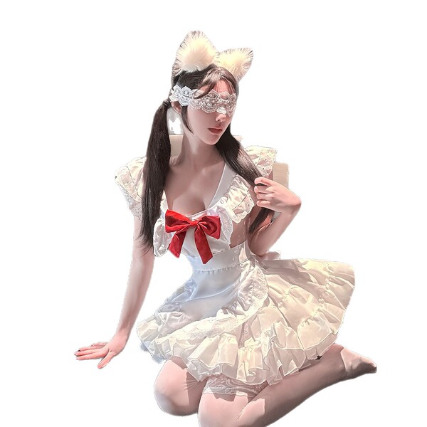 Chao mu soft cute lingerie set - bowknot maid-inspired pure & tempting lolita erotic underwear for women, featuring a white d...