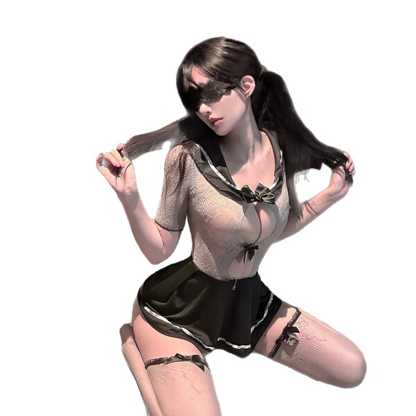 Chaomu jk sailor outfit: sheer mesh bodysuit with black bow, playful yet sensual style for bold fashion statements.