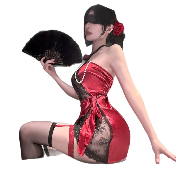 Seductive red dress with lace tie-up design, beaded details, and thigh-high stockings. perfect for evening elegance or bold f...
