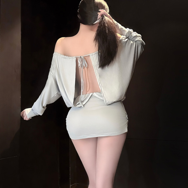Woman wearing chaomu sensual lingerie dress - one-shoulder backless cutout bodycon mini dress in light gray, showcasing elega...