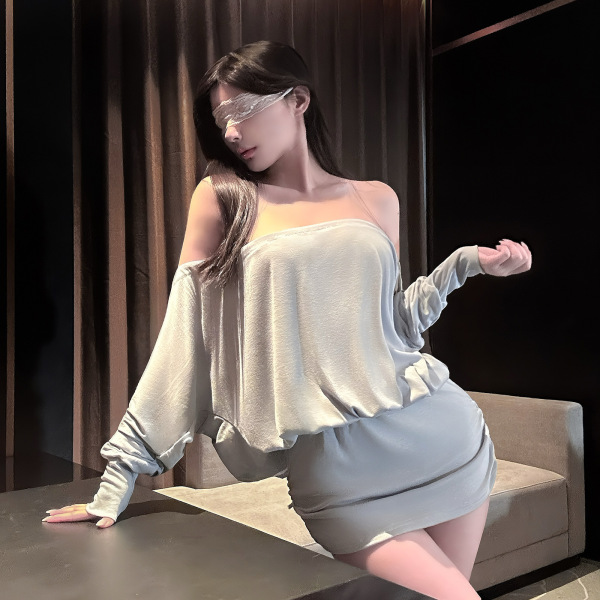 Woman wearing chaomu sensual lingerie dress, a one-shoulder backless cutout bodycon mini dress in soft gray, posing elegantly...
