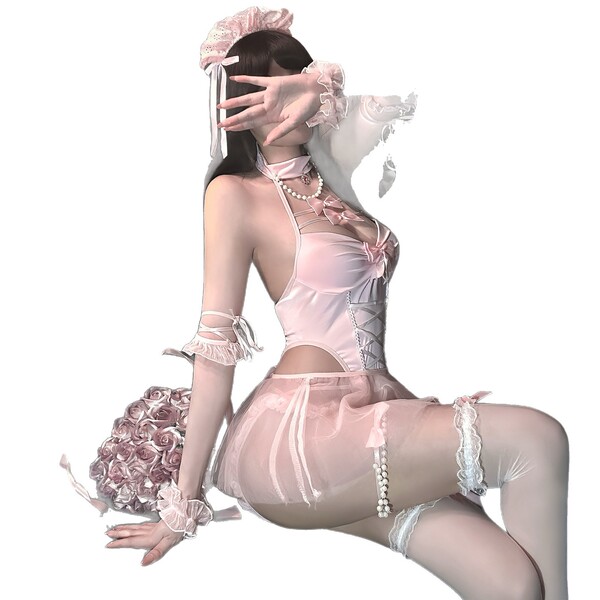 Woman in pink chaomu sensual lingerie set, elegant bodysuit with lace, pearls, and floral accents.