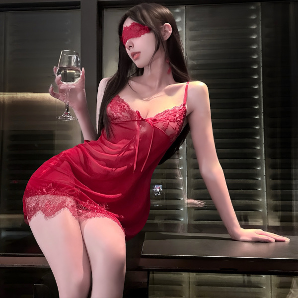 Woman in red sheer lace cami lingerie set with peekaboo cutouts, holding wine glass — stylish outerwear-ready design by chaom...