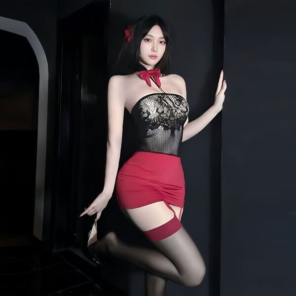 Woman wearing chaomu sexy strapless bodysuit with lace top, red high-waisted skirt, and thigh-high stockings in dark setting.