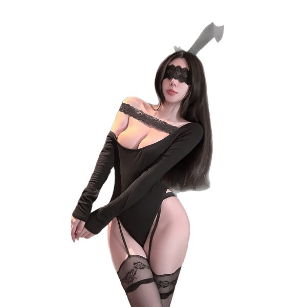 Woman wearing black chaomu temptation off-shoulder lace bodysuit with bunny ears and eye mask.