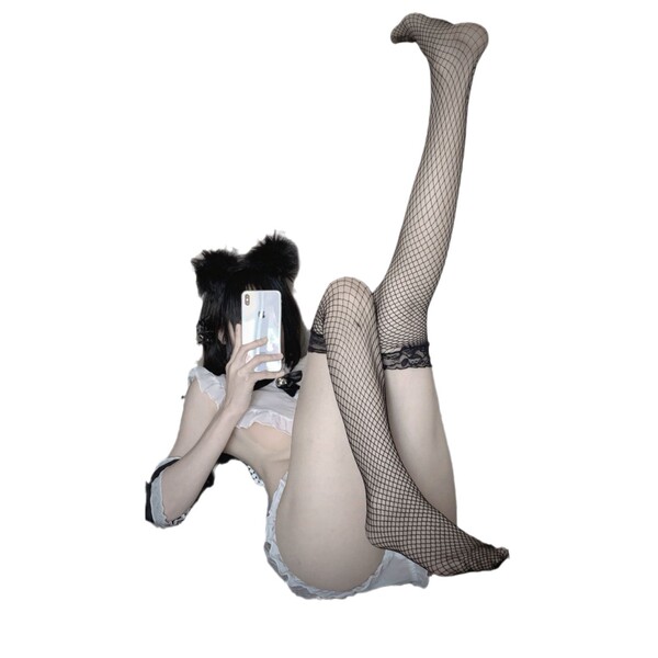 Charming maid costume set featuring sheer lingerie with fishnet stockings, perfect for role play and bedroom fun.