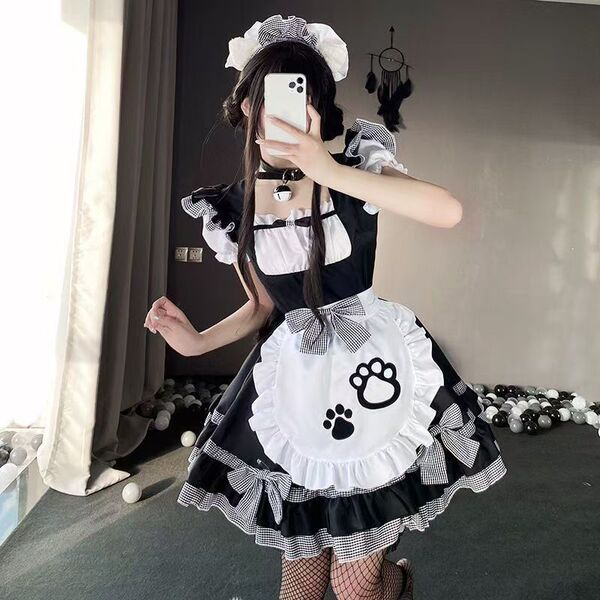 Cute Maid Costume Dress with Cat Ears - Plus Size Lolita Cosplay Outfit for Women - plaid pattern + white socks