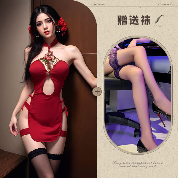 Mannyqing Vintage Cheongsam Lingerie Set - Sexy Lace Embroidered Bodysuit with High Slit for Women - Cheongsam + Black Stockings