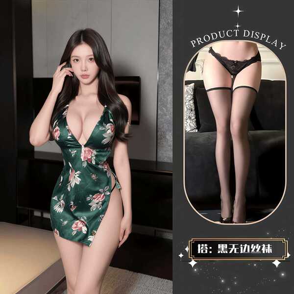 QQNY Pure Allure Sleepwear Set – Elegant Sensual Lingerie for Women, Luxury Bedroom Wear - Cheongsam nightgown + black stockings