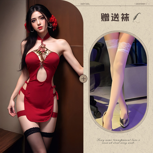 Mannyqing Vintage Cheongsam Lingerie Set - Sexy Lace Embroidered Bodysuit with High Slit for Women - Cheongsam + white stockings
