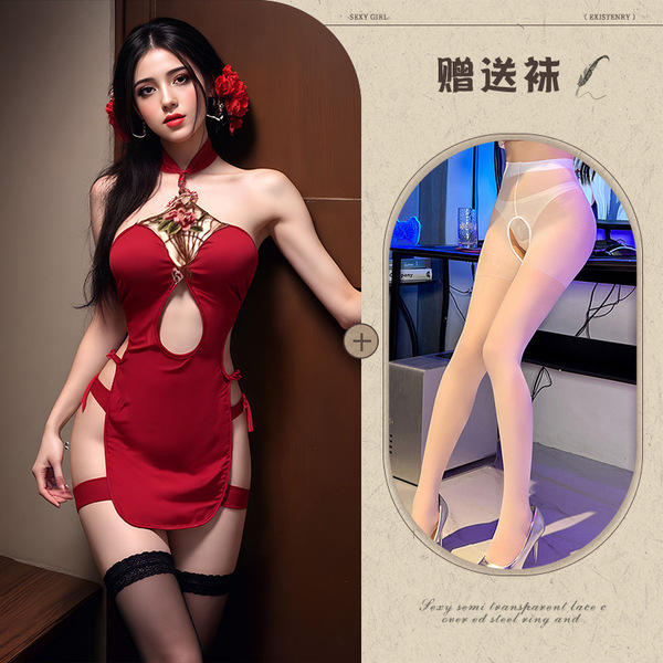 Mannyqing Vintage Cheongsam Lingerie Set - Sexy Lace Embroidered Bodysuit with High Slit for Women - Cheongsam + white open-crotch socks