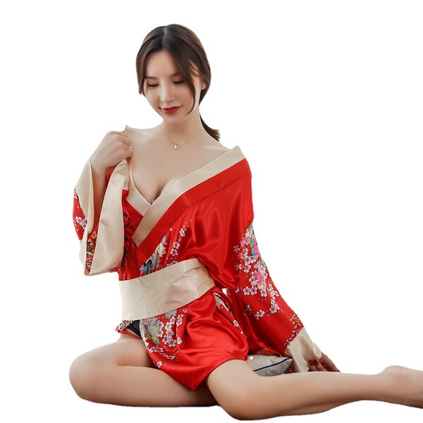 Cherry blossom kimono lingerie set - seductive role play bathrobe outfit for women, featuring vibrant red fabric with floral ...