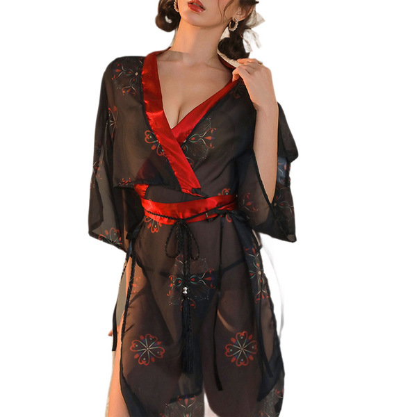 Cherry blossom kimono sleepwear set - sheer japanese-inspired lingerie with red embroidery and flowy design