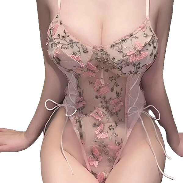Cherry blossom lace bodysuit with deep v plunge, featuring heavy floral embroidery on sheer mesh for elegant layering or oute...