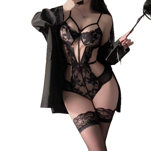 Sexy black cherry blossom lingerie dress featuring backless design, halter neck, and waist-cinching detail for elegant allure...
