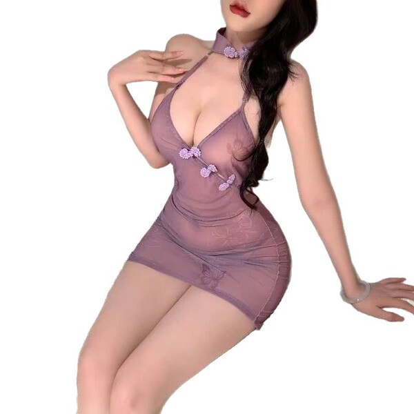 Sexy cherry blossom design backless sheer cheongsam sleepwear with no-remove peekaboo bra, elegant and revealing nightgown.