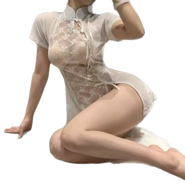 Cherry blossom lingerie set - sexy lace bare-butt qipao sleepwear, sheer vintage-inspired bedroom outfit