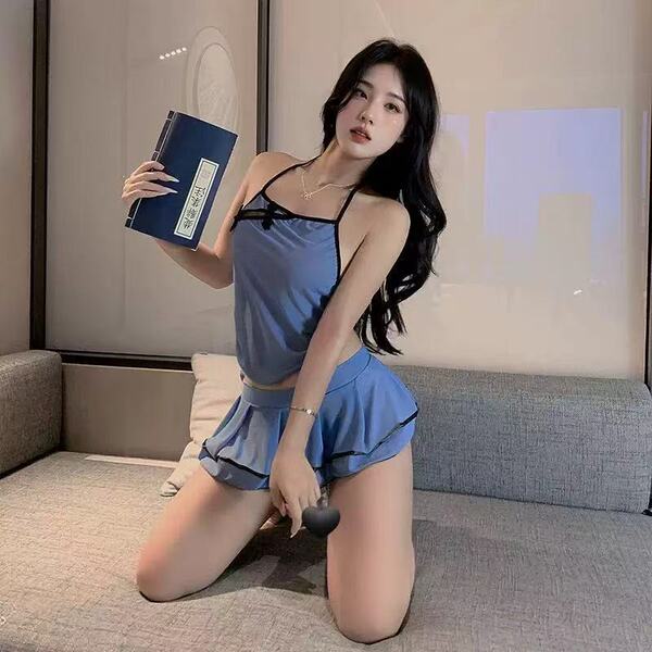 Woman in blue cherry blossom lingerie set, sheer side-slit cheongsam style dress, vintage-inspired and seductive.
