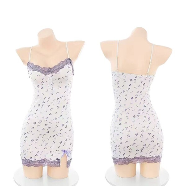 White floral cami dress with purple lilac lace trim, front and back view on mannequin.
