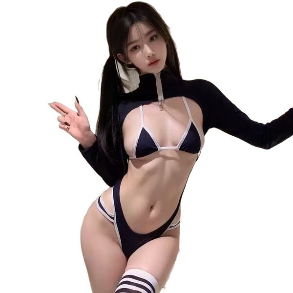 Woman modeling cherry blossom romance lingerie set – sexy three-piece bikini bra and panty ensemble with long sleeves.