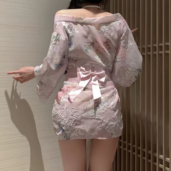 Cherry blossom sensual kimono lingerie set - delicate pink design with embroidered flowers and a bow detail