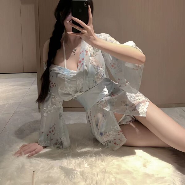 Cherry blossom sensual kimono lingerie set - delicate floral design, soft fabric, perfect for parties, cosplay, or date night...
